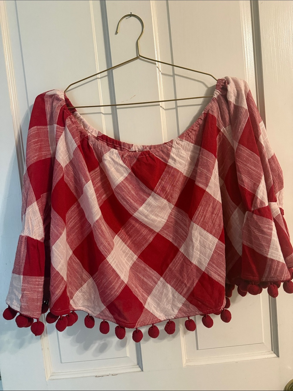 Red and White Plaid Off-Shoulder Pom Pom Top